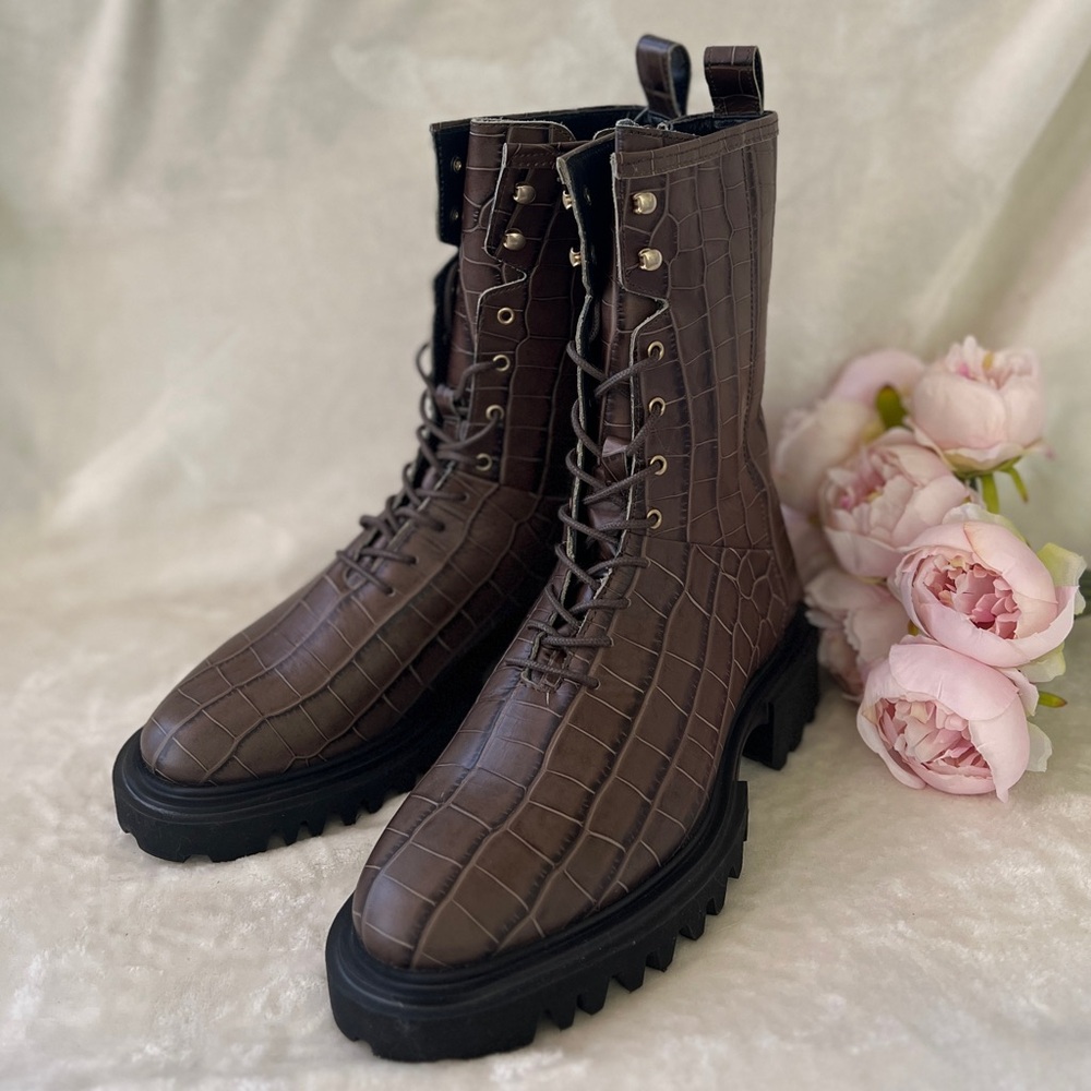 NEW Womens Size 10 All Saints Maren Crocodile Brown Leather Combat Lace Up Boots